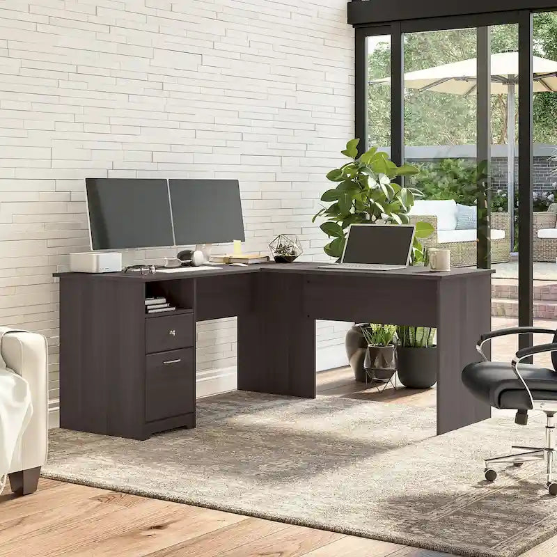 60 Inch L-Shaped Office Desk with Hutch, File Drawer, and Storage