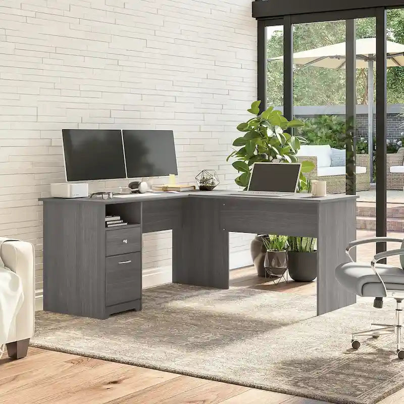 60 Inch L-Shaped Office Desk with Hutch, File Drawer, and Storage