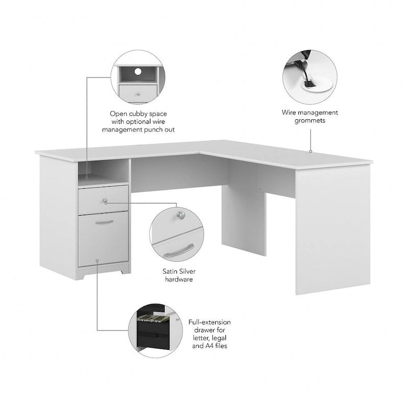 60 Inch L-Shaped Office Desk with Hutch, File Drawer, and Storage