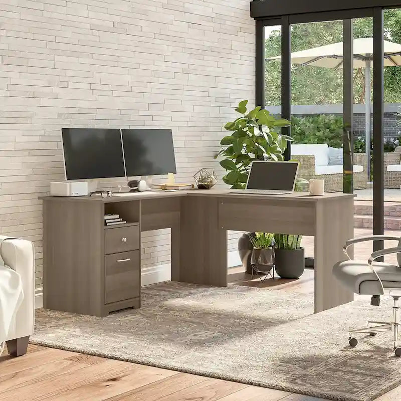 60 Inch L-Shaped Office Desk with Hutch, File Drawer, and Storage