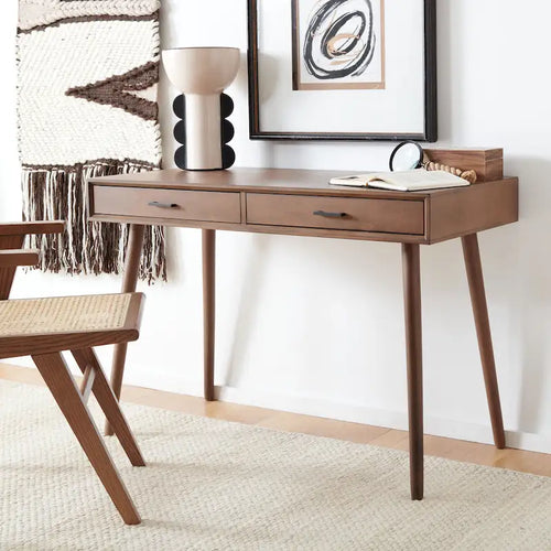 2-Drawer Writing Desk with Tapered Legs and Brass Pulls