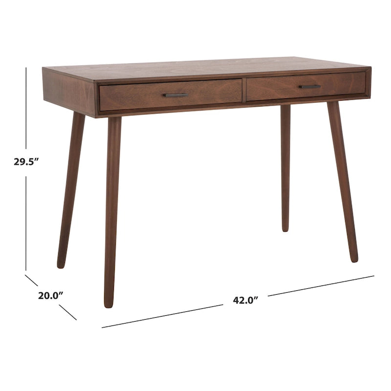 2-Drawer Writing Desk with Tapered Legs and Brass Pulls