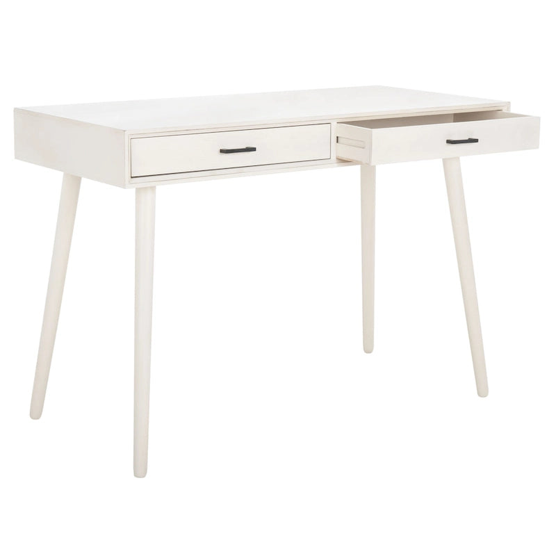 2-Drawer Writing Desk with Tapered Legs and Brass Pulls