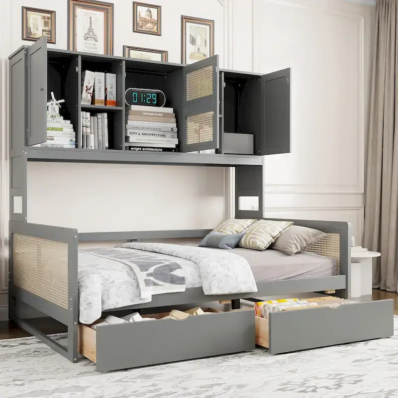 Full Size Wood Daybed with Cabinet, 2 Drawers, and Shelf