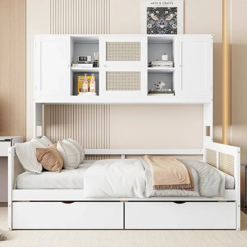 Full Size Wood Daybed with Cabinet, 2 Drawers, and Shelf