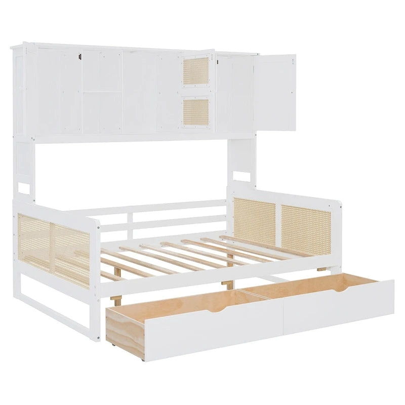 Full Size Wood Daybed with Cabinet, 2 Drawers, and Shelf