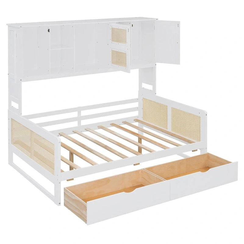 Full Size Wood Daybed with Cabinet, 2 Drawers, and Shelf