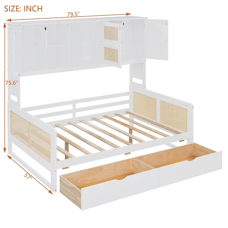 Full Size Wood Daybed with Cabinet, 2 Drawers, and Shelf