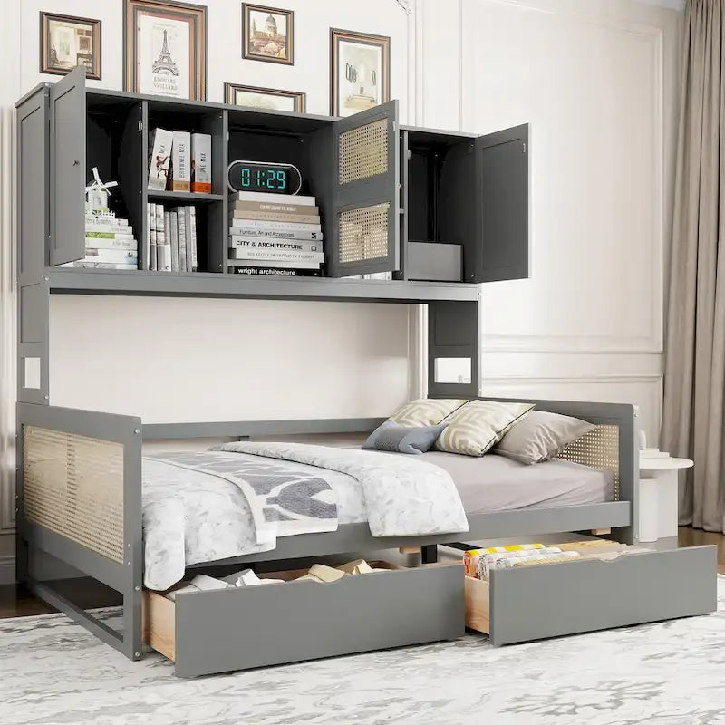 Full Size Wood Daybed with Cabinet, 2 Drawers, and Shelf