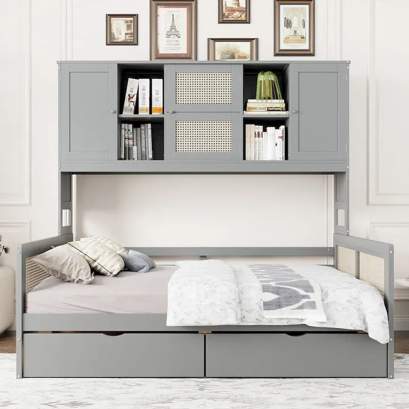 Full Size Wood Daybed with Cabinet, 2 Drawers, and Shelf
