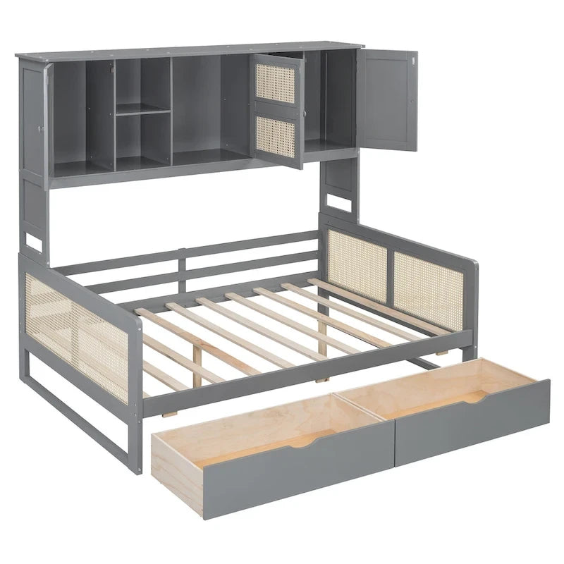 Full Size Wood Daybed with Cabinet, 2 Drawers, and Shelf