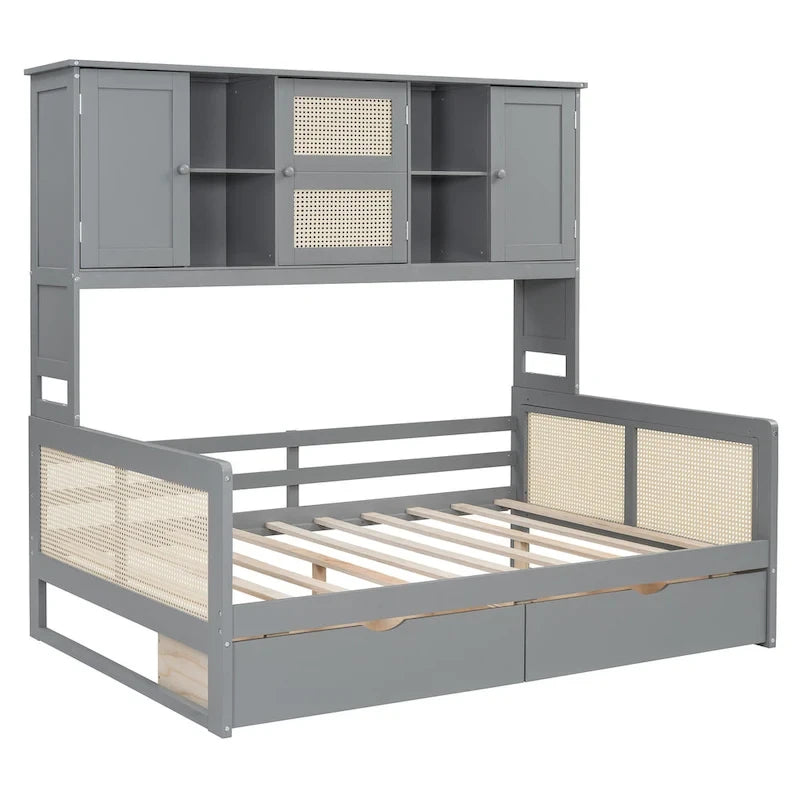Full Size Wood Daybed with Cabinet, 2 Drawers, and Shelf
