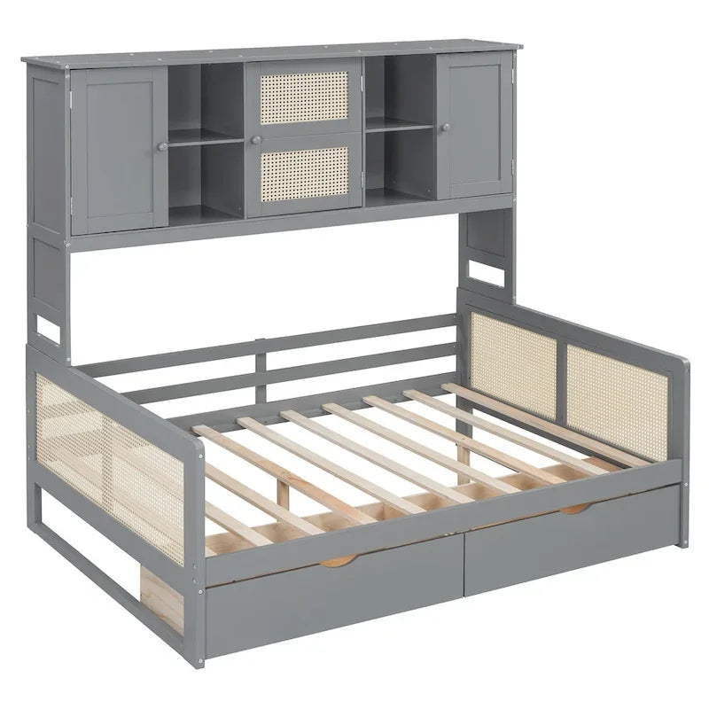 Full Size Wood Daybed with Cabinet, 2 Drawers, and Shelf