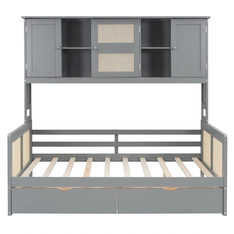 Full Size Wood Daybed with Cabinet, 2 Drawers, and Shelf