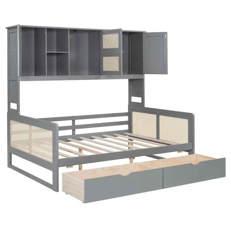 Full Size Wood Daybed with Cabinet, 2 Drawers, and Shelf