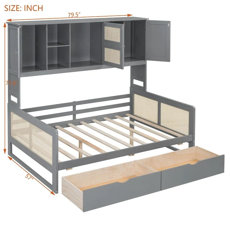 Full Size Wood Daybed with Cabinet, 2 Drawers, and Shelf