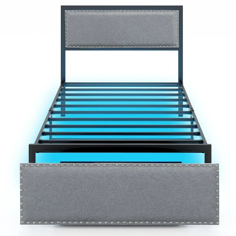 Twin Size Metal Bed Frame with Storage Drawer and LED Light Strip