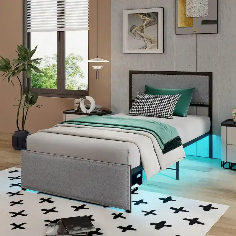 Twin Size Metal Bed Frame with Storage Drawer and LED Light Strip