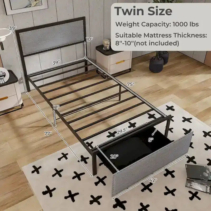 Twin Size Metal Bed Frame with Storage Drawer and LED Light Strip