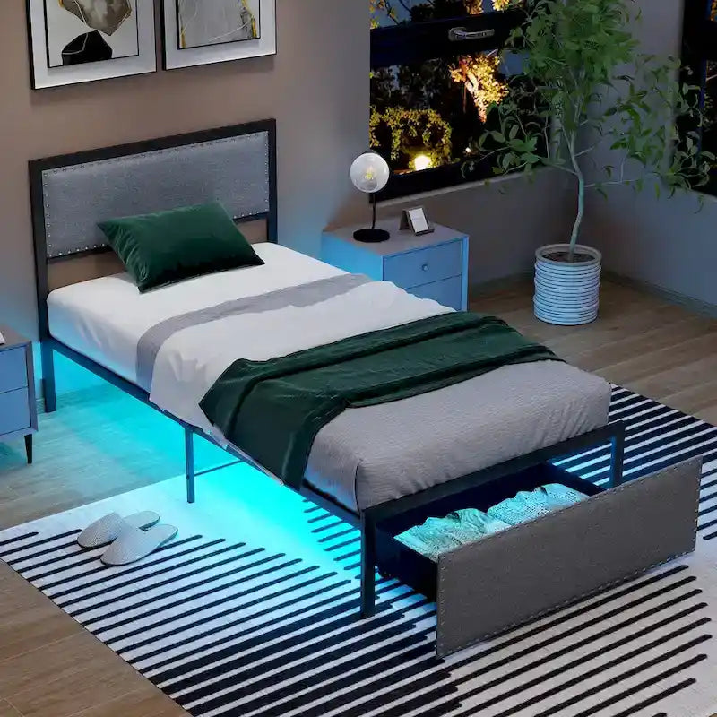 Twin Size Metal Bed Frame with Storage Drawer and LED Light Strip