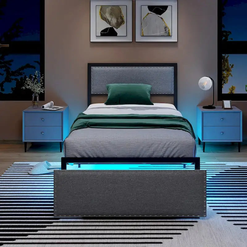 Twin Size Metal Bed Frame with Storage Drawer and LED Light Strip