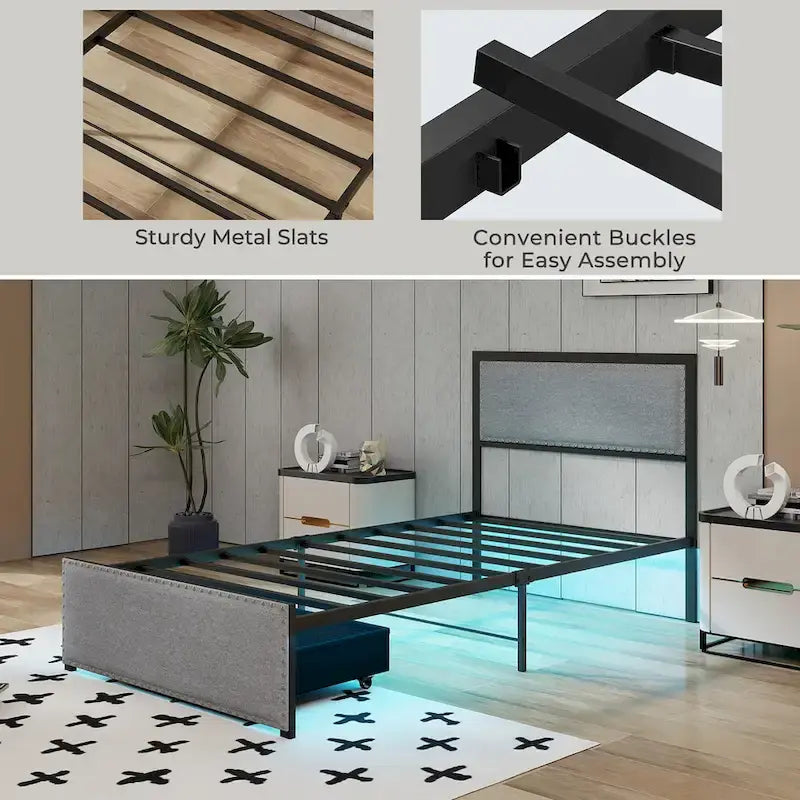Twin Size Metal Bed Frame with Storage Drawer and LED Light Strip