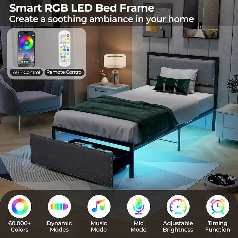 Twin Size Metal Bed Frame with Storage Drawer and LED Light Strip