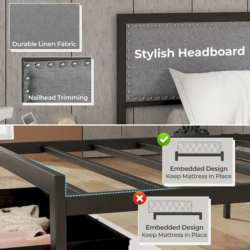 Twin Size Metal Bed Frame with Storage Drawer and LED Light Strip