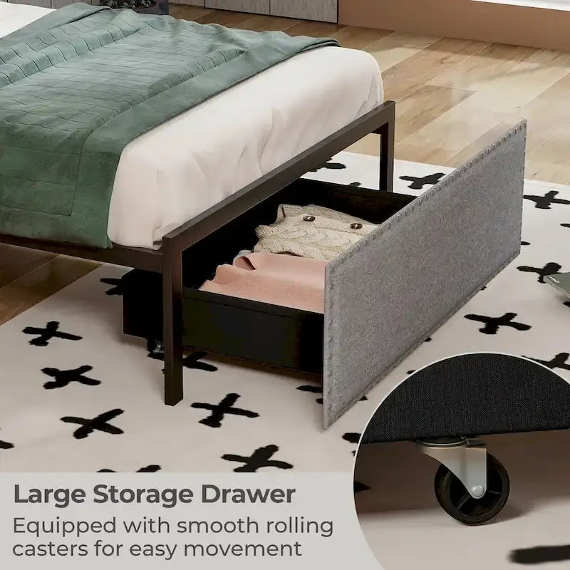 Twin Size Metal Bed Frame with Storage Drawer and LED Light Strip