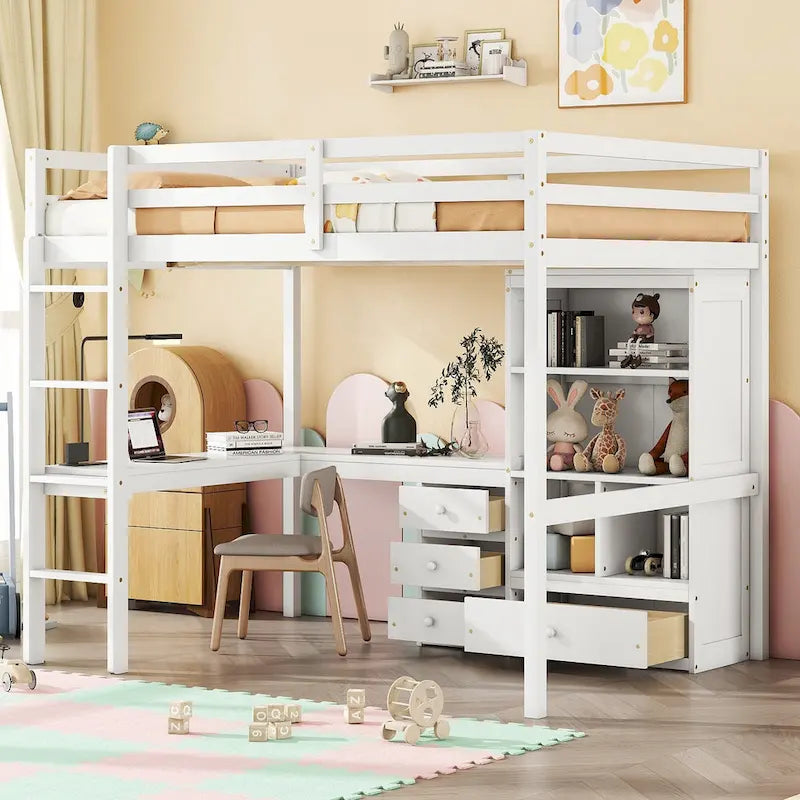 Full Size Wood Loft Bed with L Shaped Desk, Storage Shelves and Drawers