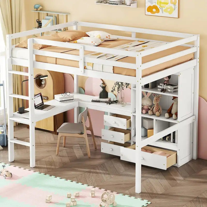Full Size Wood Loft Bed with L Shaped Desk, Storage Shelves and Drawers
