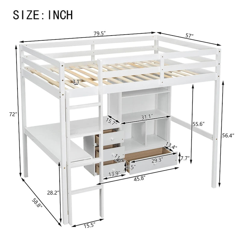Full Size Wood Loft Bed with L Shaped Desk, Storage Shelves and Drawers