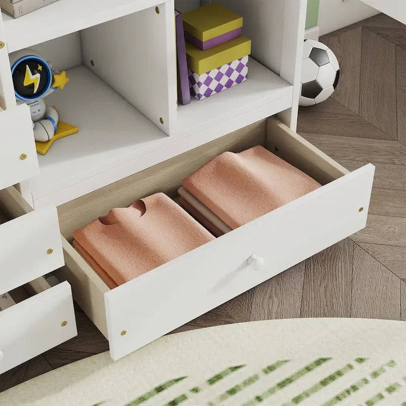 Full Size Wood Loft Bed with L Shaped Desk, Storage Shelves and Drawers