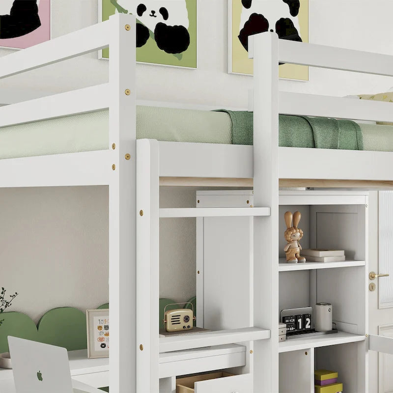 Full Size Wood Loft Bed with L Shaped Desk, Storage Shelves and Drawers