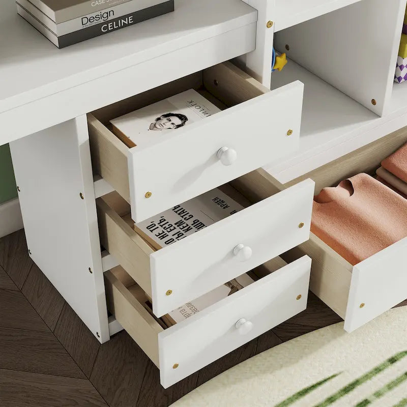 Full Size Wood Loft Bed with L Shaped Desk, Storage Shelves and Drawers