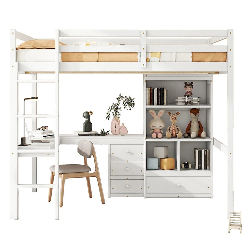 Full Size Wood Loft Bed with L Shaped Desk, Storage Shelves and Drawers