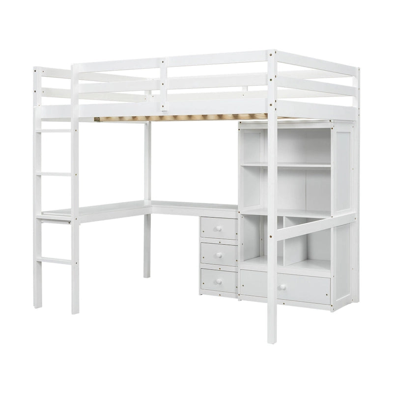 Full Size Wood Loft Bed with L Shaped Desk, Storage Shelves and Drawers