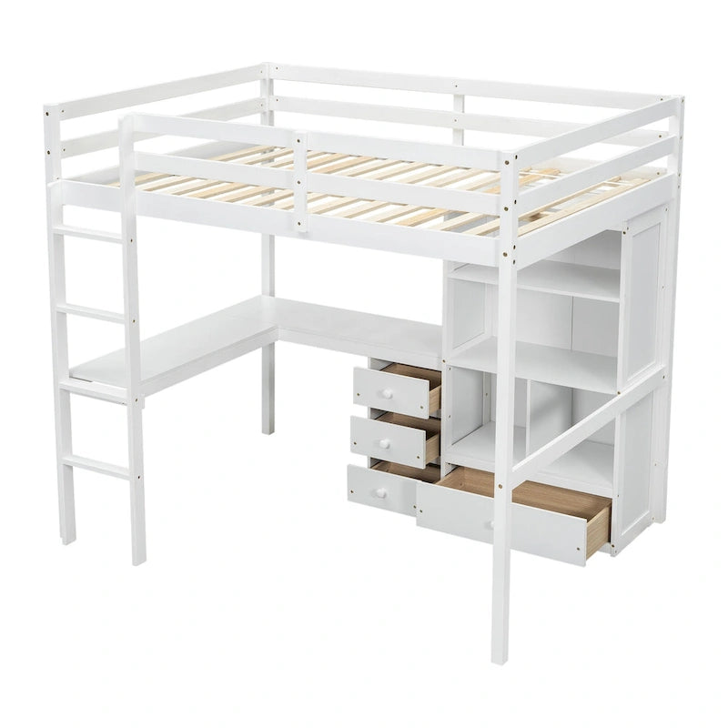 Full Size Wood Loft Bed with L Shaped Desk, Storage Shelves and Drawers