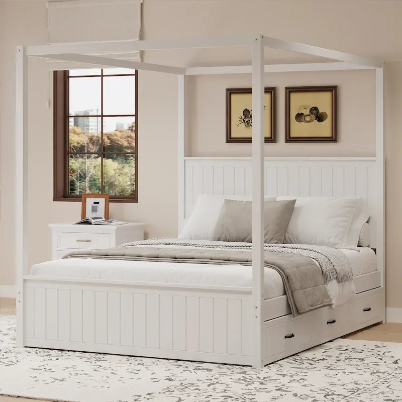 Queen Size 4-Post Canopy Bed with Trundle, 3 Storage Drawers, Wingback Headboard