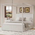 Queen Size 4-Post Canopy Bed with Trundle, 3 Storage Drawers, Wingback Headboard