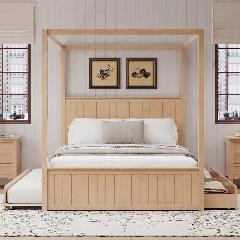 Queen Size 4-Post Canopy Bed with Trundle, 3 Storage Drawers, Wingback Headboard