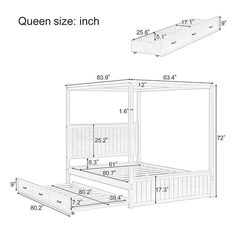 Queen Size 4-Post Canopy Bed with Trundle, 3 Storage Drawers, Wingback Headboard