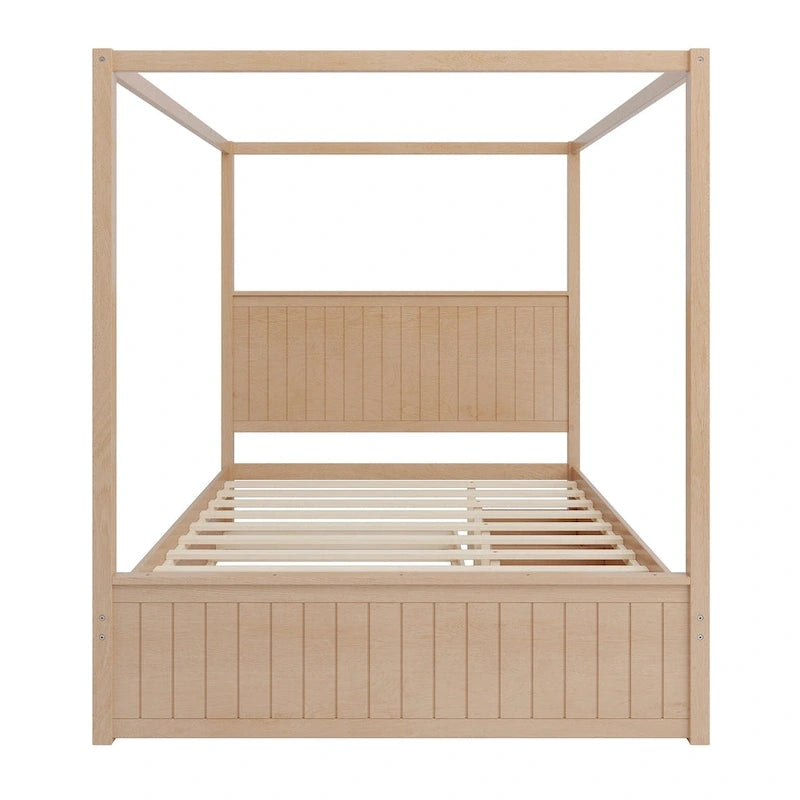 Queen Size 4-Post Canopy Bed with Trundle, 3 Storage Drawers, Wingback Headboard
