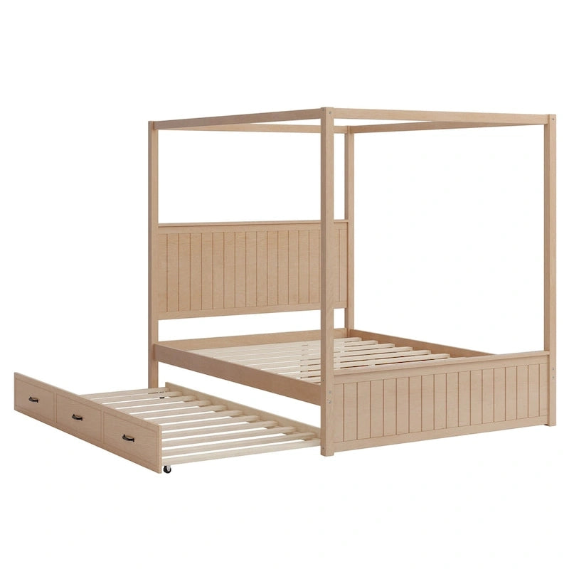 Queen Size 4-Post Canopy Bed with Trundle, 3 Storage Drawers, Wingback Headboard