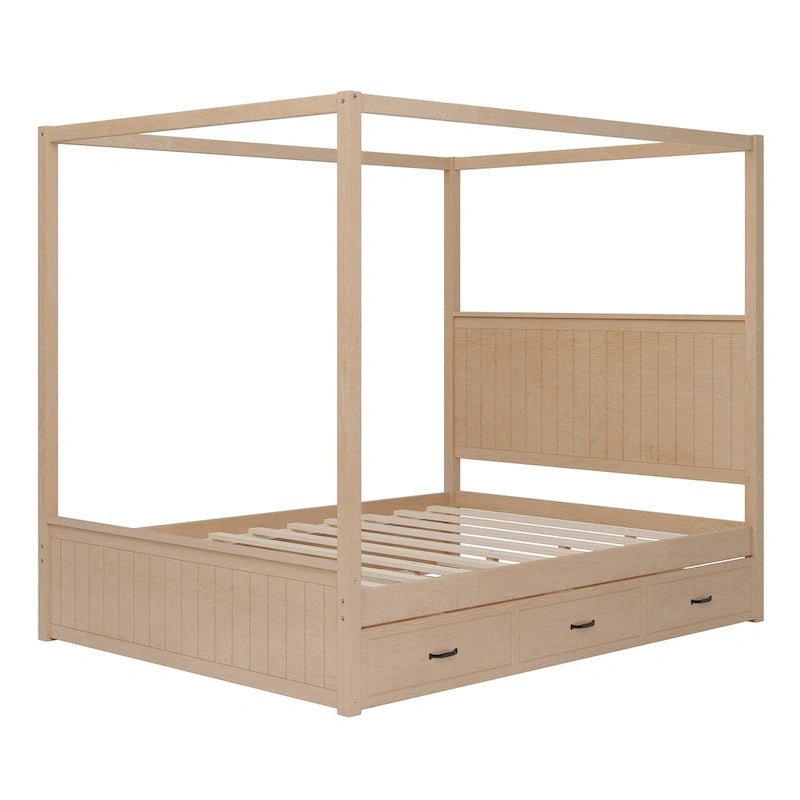 Queen Size 4-Post Canopy Bed with Trundle, 3 Storage Drawers, Wingback Headboard