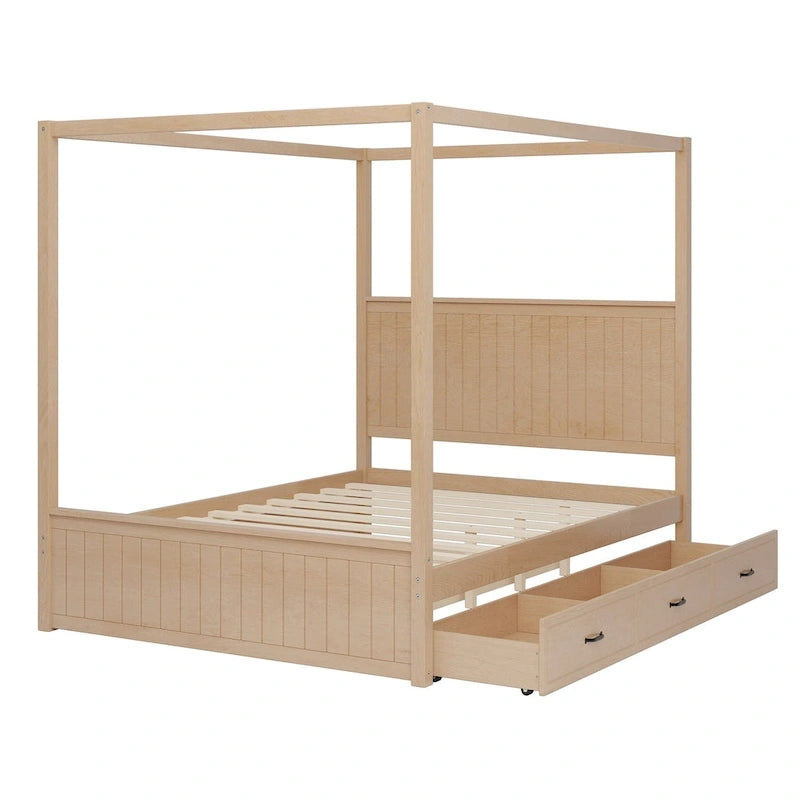 Queen Size 4-Post Canopy Bed with Trundle, 3 Storage Drawers, Wingback Headboard