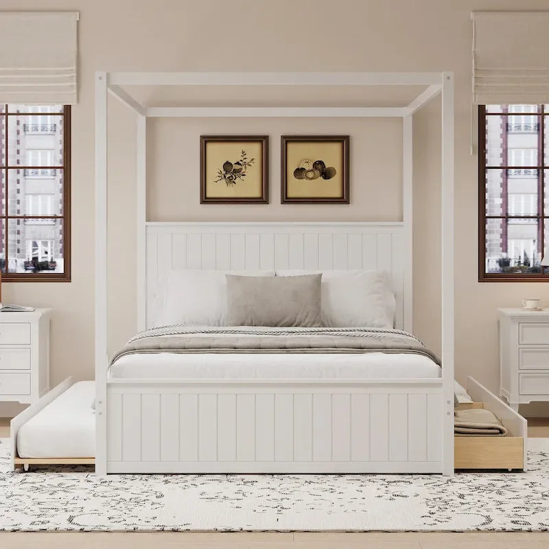Queen Size 4-Post Canopy Bed with Trundle, 3 Storage Drawers, Wingback Headboard