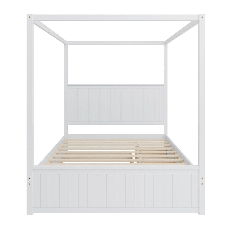 Queen Size 4-Post Canopy Bed with Trundle, 3 Storage Drawers, Wingback Headboard