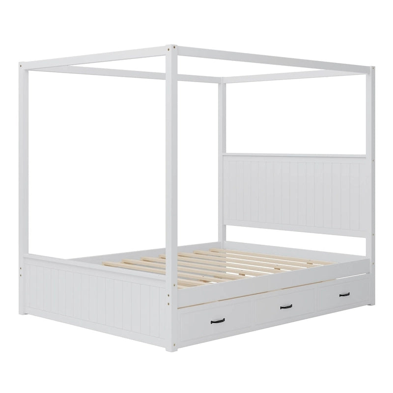 Queen Size 4-Post Canopy Bed with Trundle, 3 Storage Drawers, Wingback Headboard
