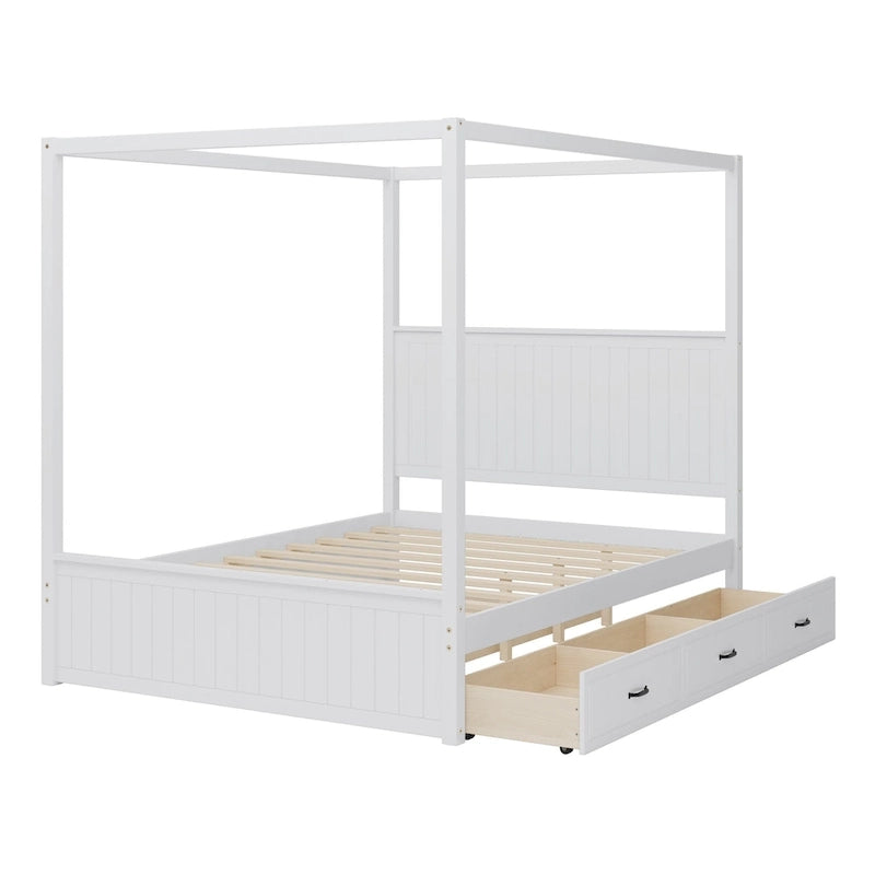 Queen Size 4-Post Canopy Bed with Trundle, 3 Storage Drawers, Wingback Headboard